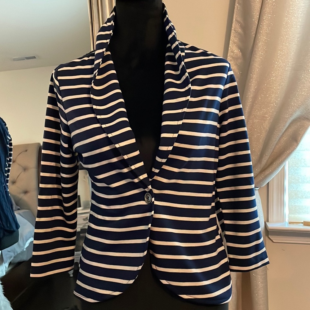 Navy creamy white stripped cotton blazer with lace back